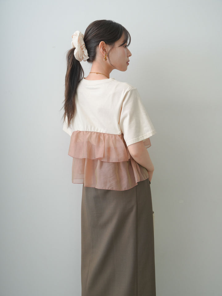 [SET]オーガンジーフリルドッキングTEE+クレープデシンフラップ付きストレートスカート(2set)