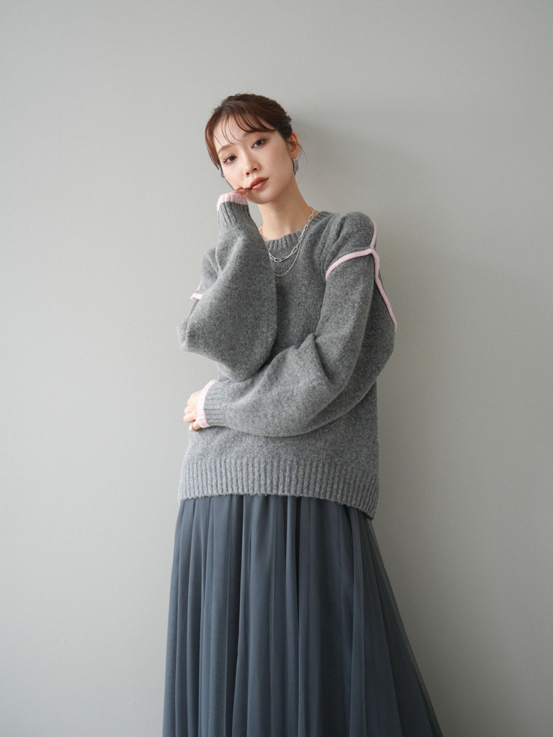 [予約]バイカラーパイピングニットプルオーバー/gray