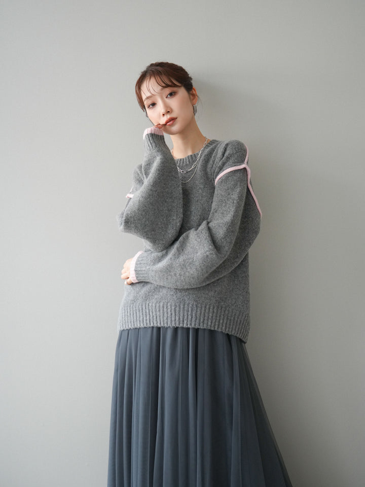[予約]バイカラーパイピングニットプルオーバー/gray