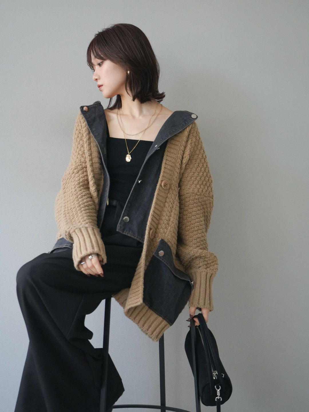 [予約]デニム襟レイヤードニットジャケット/beige