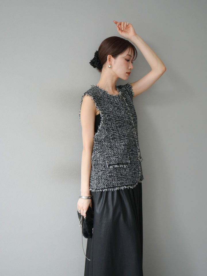 [予約]ミックスツイードフリンジニットベスト/ブラック