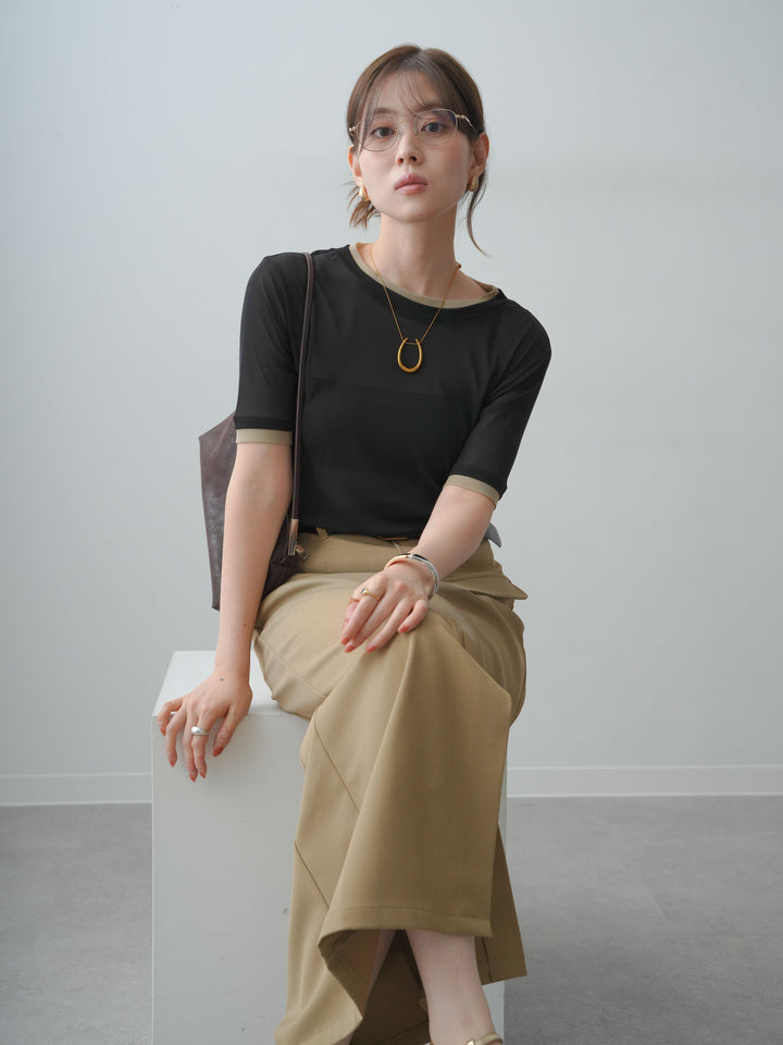 [SET]トリムレイヤードシアー半袖トップス+クレープデシンフラップ付きストレートスカート(2set)