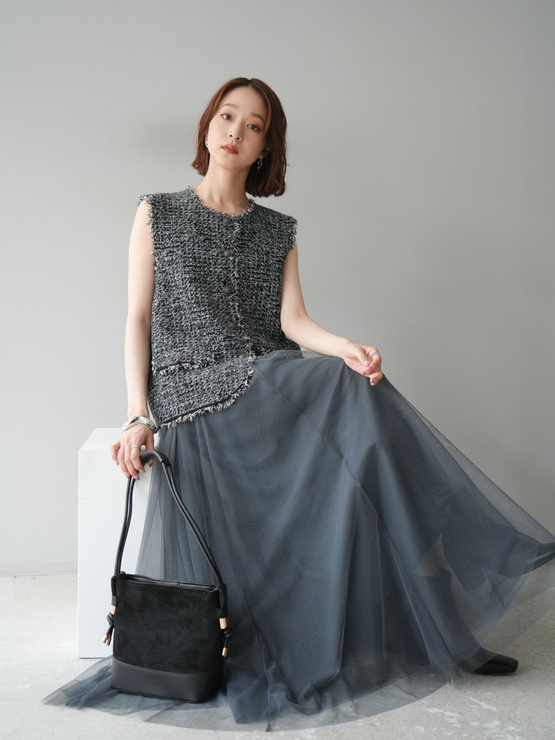 [予約]ミックスツイードフリンジニットベスト/ブラック