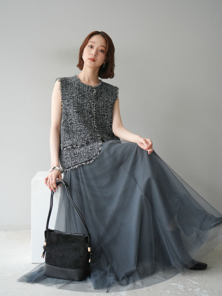 [予約]ミックスツイードフリンジニットベスト/ブラック