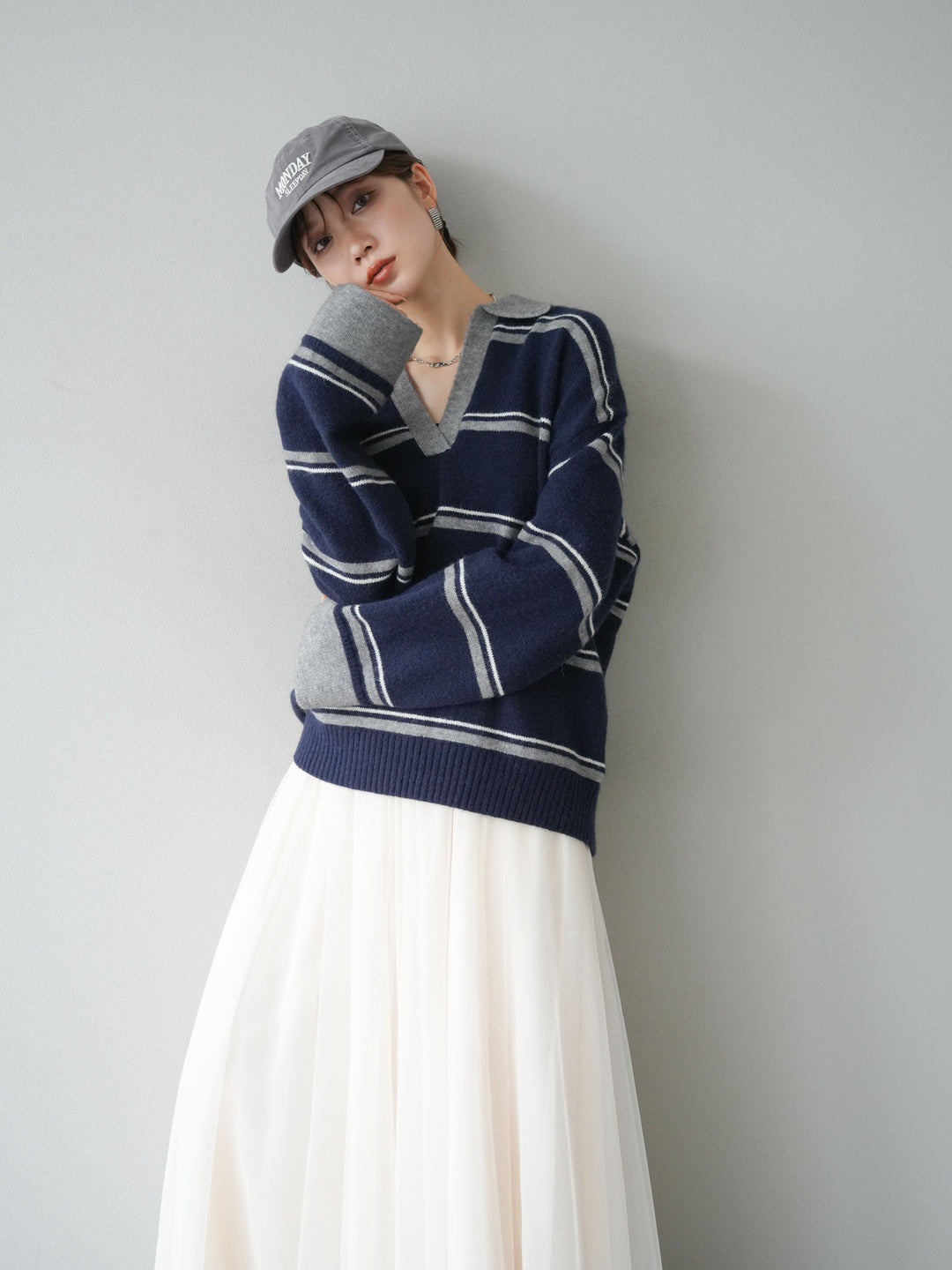 [SET]ポロ襟スキッパーボーダーニットプルオーバー+チュールボリュームスカート(2set)