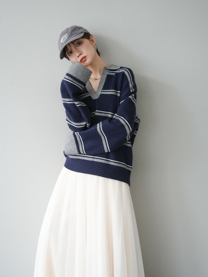 [SET]ポロ襟スキッパーボーダーニットプルオーバー+チュールボリュームスカート(2set)