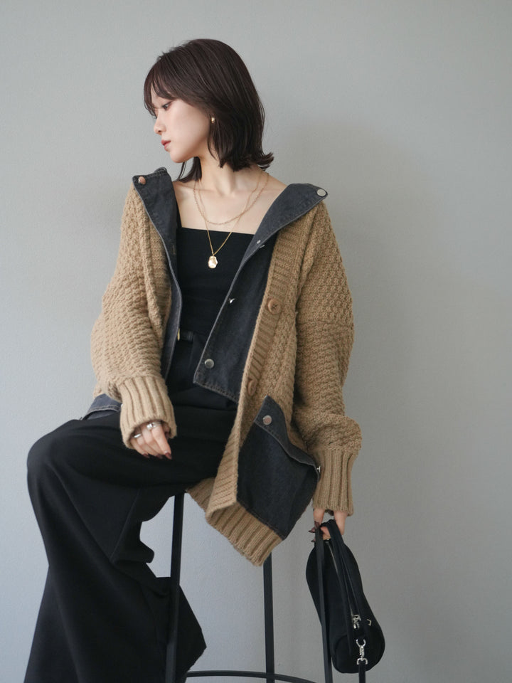 [SET]デニム襟レイヤードニットジャケット+ベルトループデザインワイドパンツ(2set)