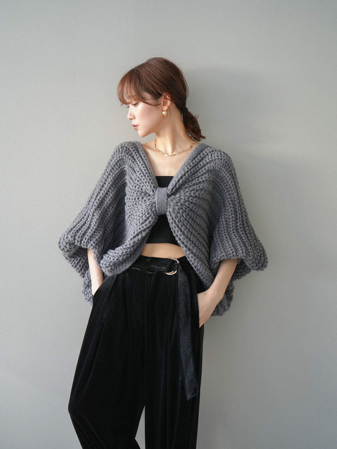 [SET]ローゲージ畦編みドルマンニットボレロ+選べるアクセセット(2set)