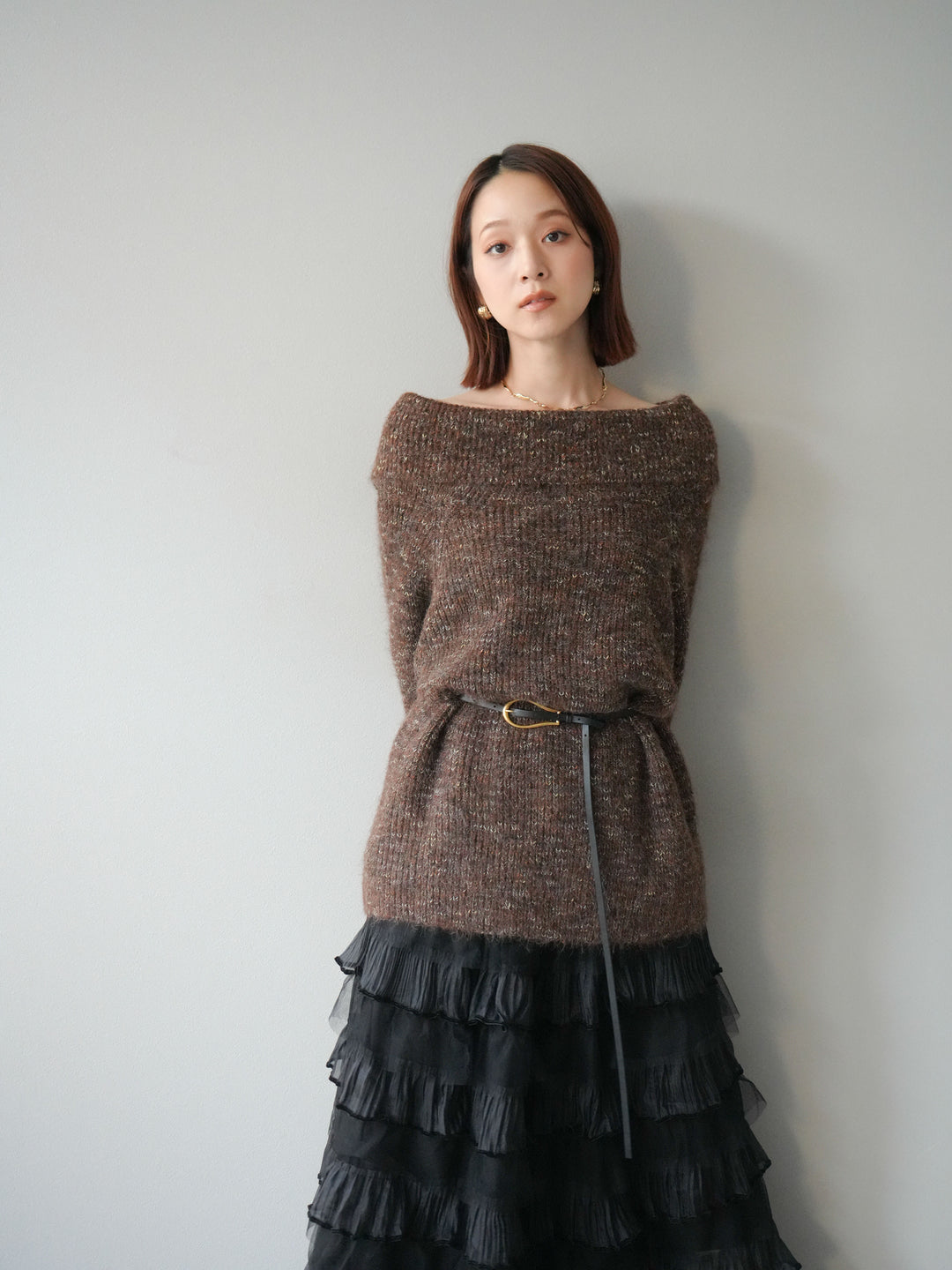 [予約]ミックスヤーンオフショルルーズニットプルオーバー/ブラウン