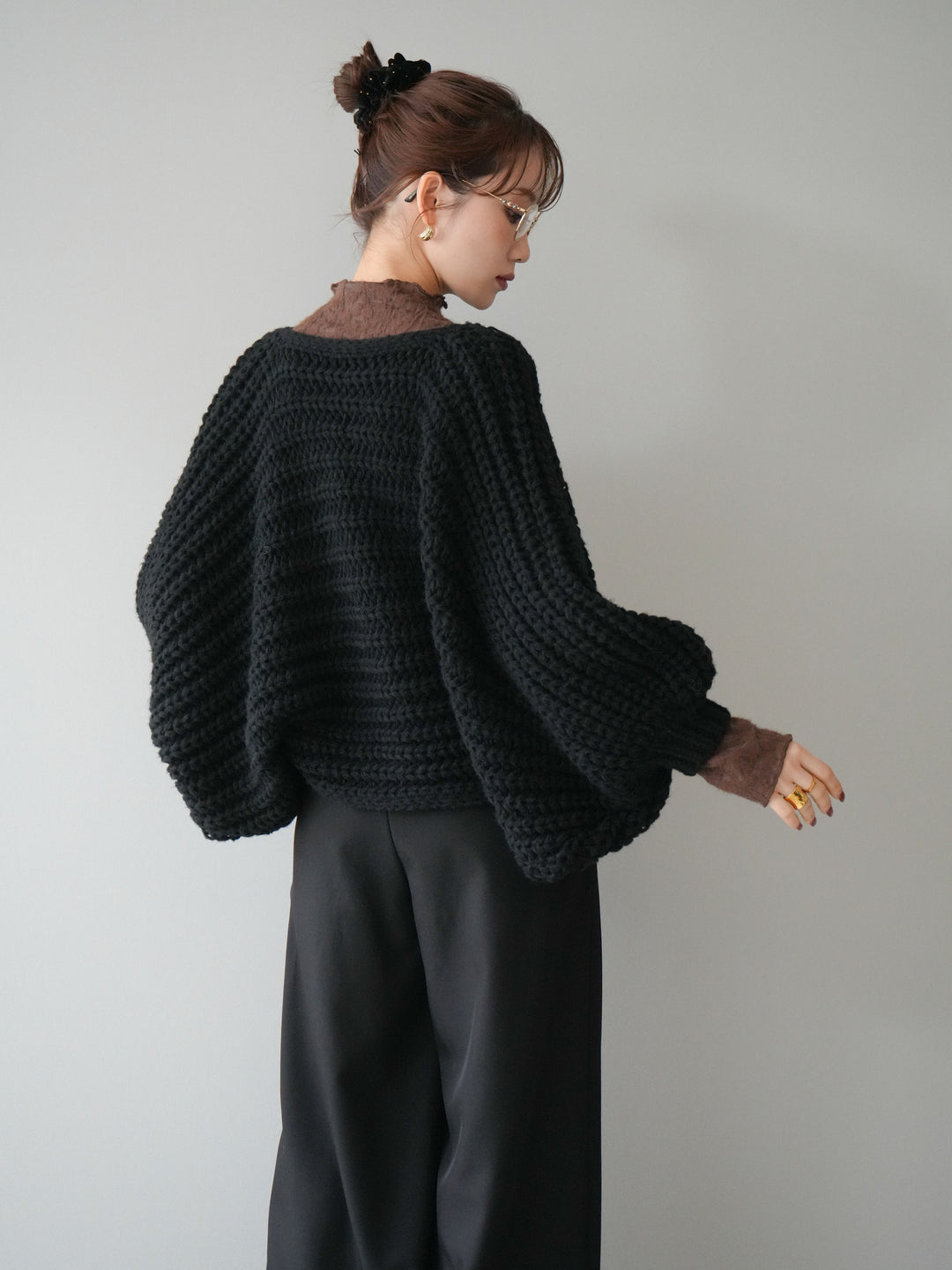 [予約]ローゲージ畦編みドルマンニットボレロ/black