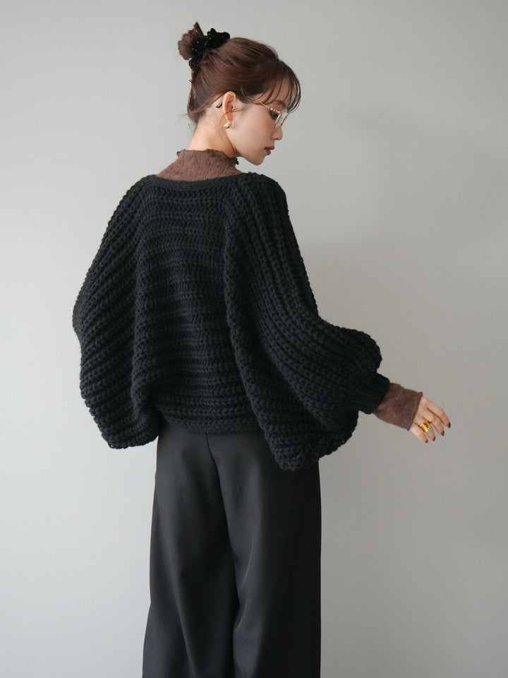 [予約]ローゲージ畦編みドルマンニットボレロ/black