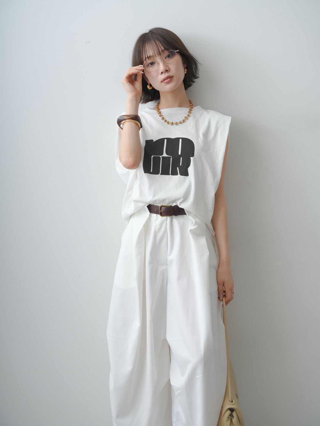 [SET]ワイドネックプリントTEE+ショルダータックノースリーブオーバーTEE(2set)
