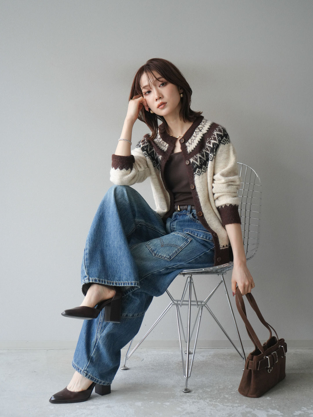 [SET]ノルディック柄ニットカーディガン+ペインターカーブデニムパンツ(2set)