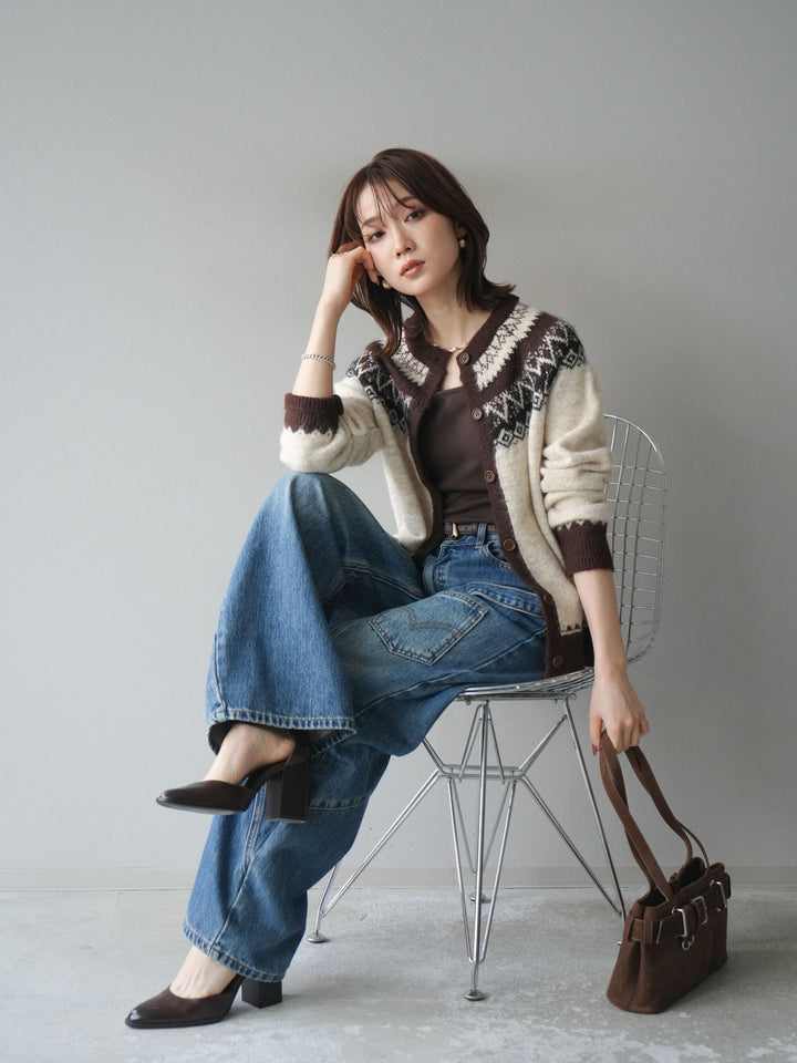 [SET]ノルディック柄ニットカーディガン+ペインターカーブデニムパンツ(2set)