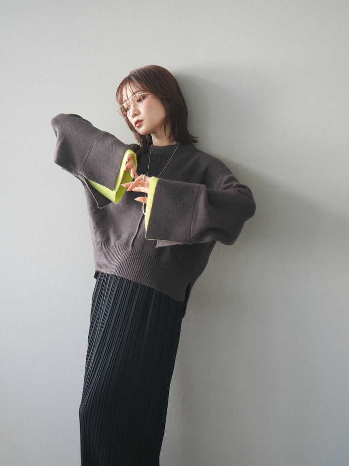 [SET]袖レイヤード配色ニットプルオーバー+プリーツIラインスカート(2set)