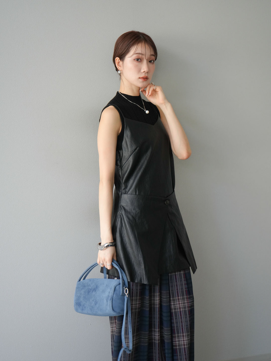 [予約]レイヤードレザーキャミソールチュニック/ブラック