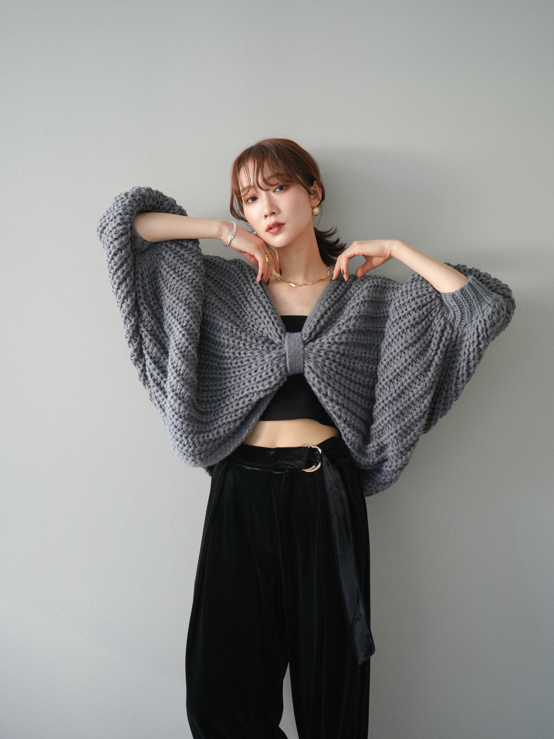 [SET]ローゲージ畦編みドルマンニットボレロ+選べるアクセセット(2set)