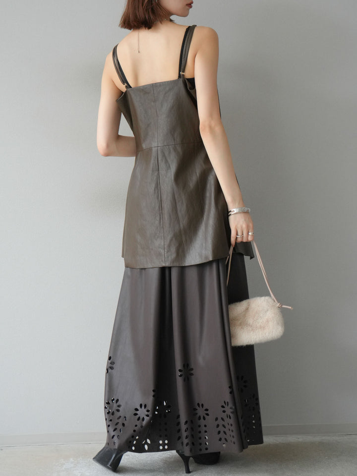 [予約]フラワーパンチングレザースカート/ブラウン