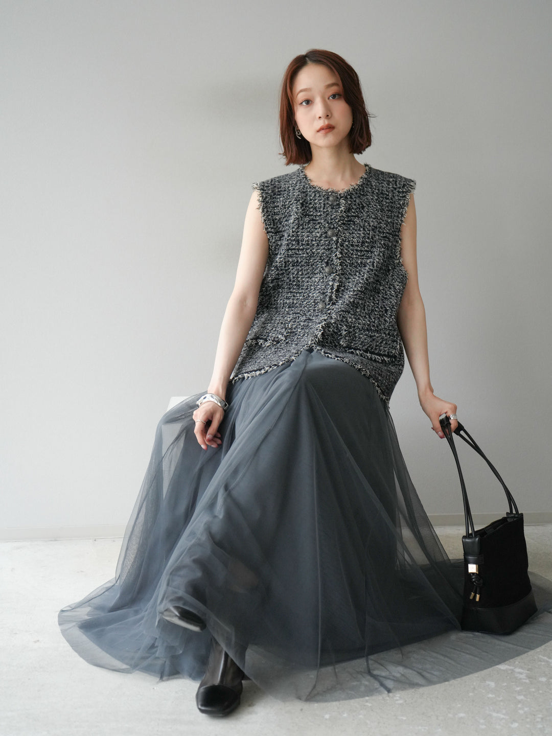 [予約]ミックスツイードフリンジニットベスト/ブラック