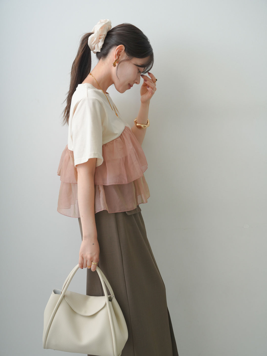[SET]オーガンジーフリルドッキングTEE+クレープデシンフラップ付きストレートスカート(2set)