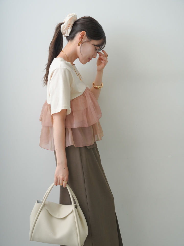 [SET]オーガンジーフリルドッキングTEE+クレープデシンフラップ付きストレートスカート(2set)