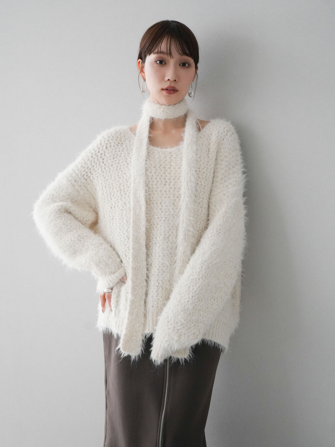 [預訂] 混紡毛絨針織披肩/白色