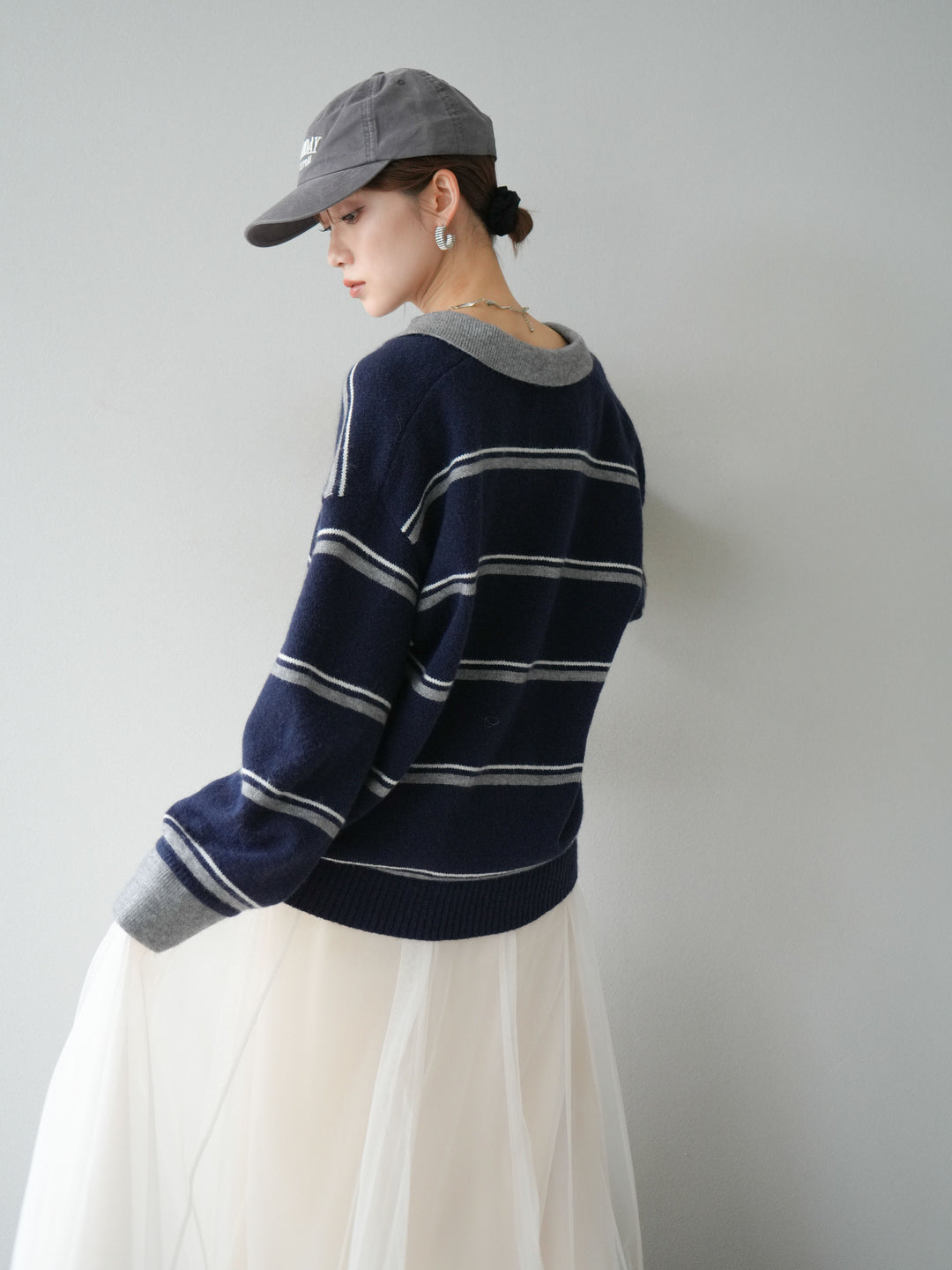 [SET]ポロ襟スキッパーボーダーニットプルオーバー+チュールボリュームスカート(2set)