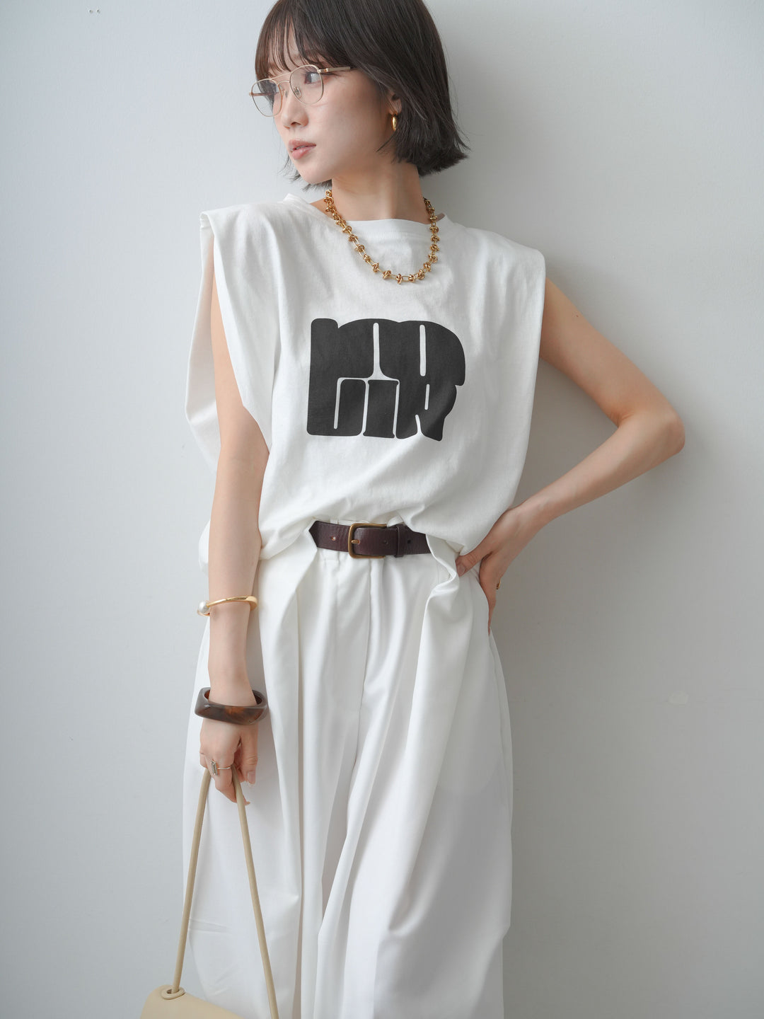 [SET]ワイドネックプリントTEE+ショルダータックノースリーブオーバーTEE(2set)