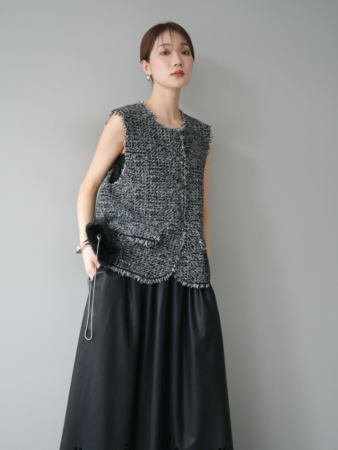 [予約]ミックスツイードフリンジニットベスト/ブラック