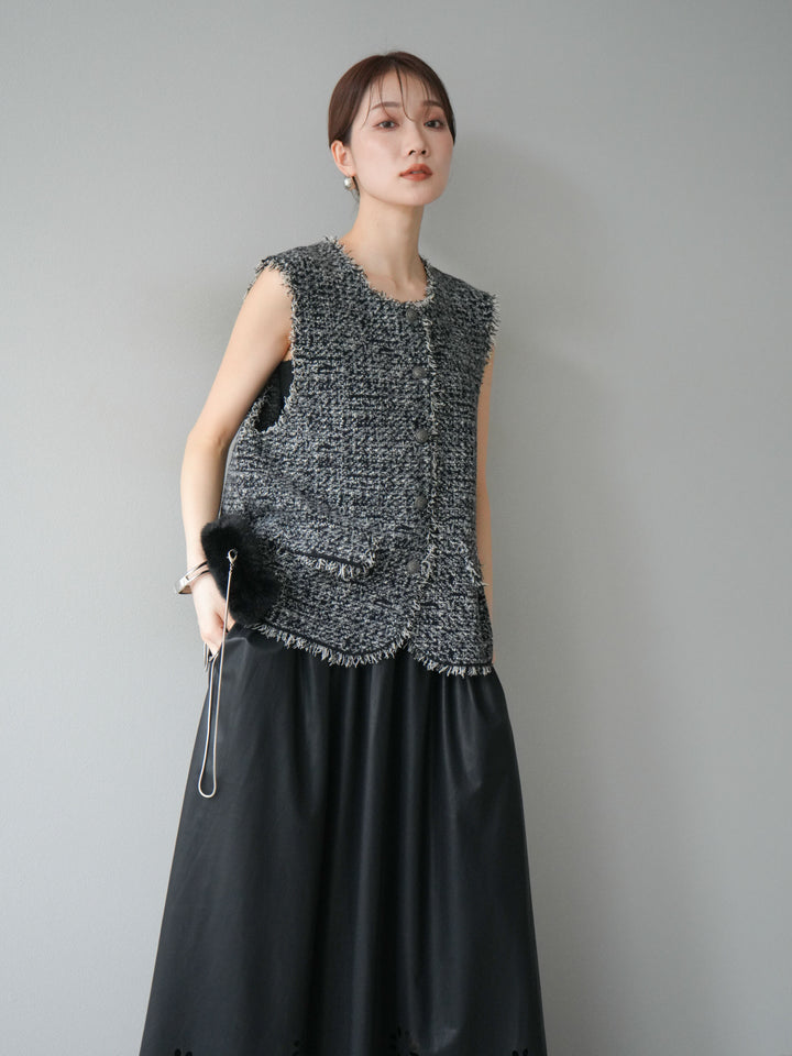 [予約]ミックスツイードフリンジニットベスト/ブラック