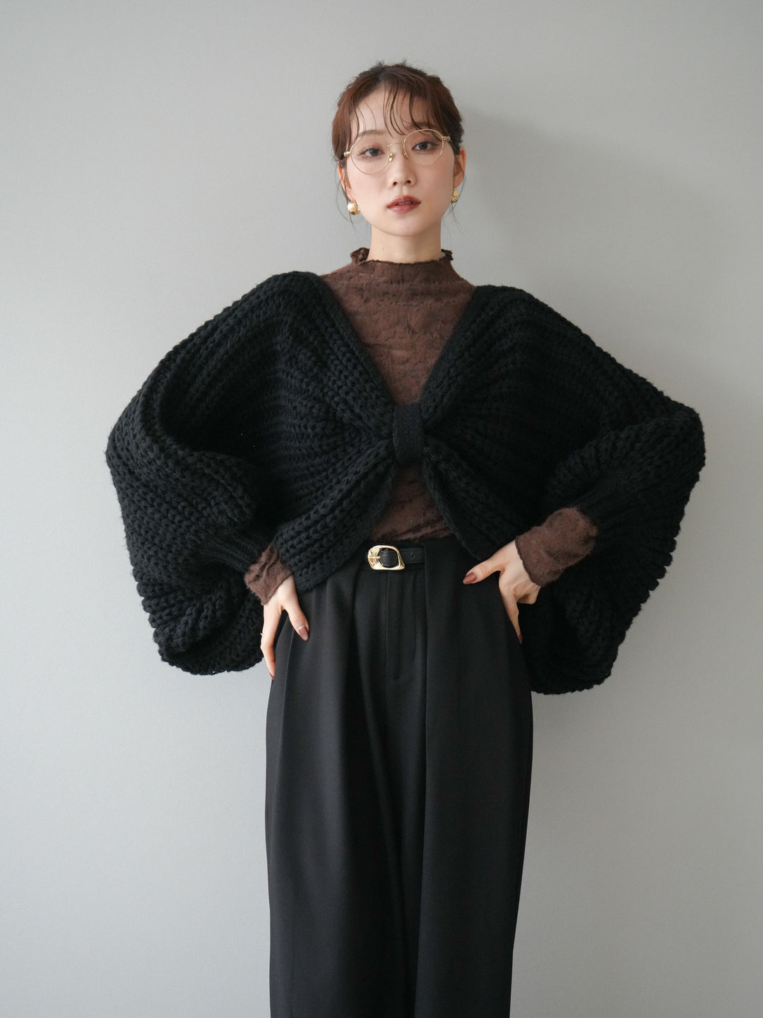 [SET]ローゲージ畦編みドルマンニットボレロ+起毛レースプチネックトップス(2set)