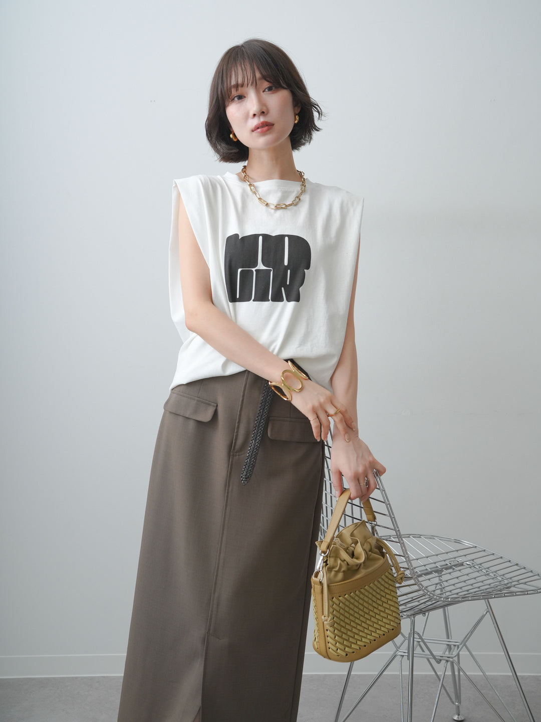 [SET]フロントジップフリルカラーデニムトップス+ショルダータックノースリーブオーバーTEE+ベルトループカーブタックワイドパンツ(3set)