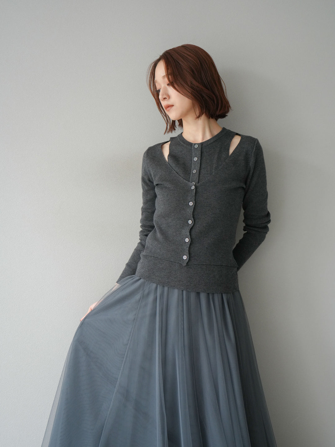 [予約]レイヤードデザインニットカーディガン/チャコール