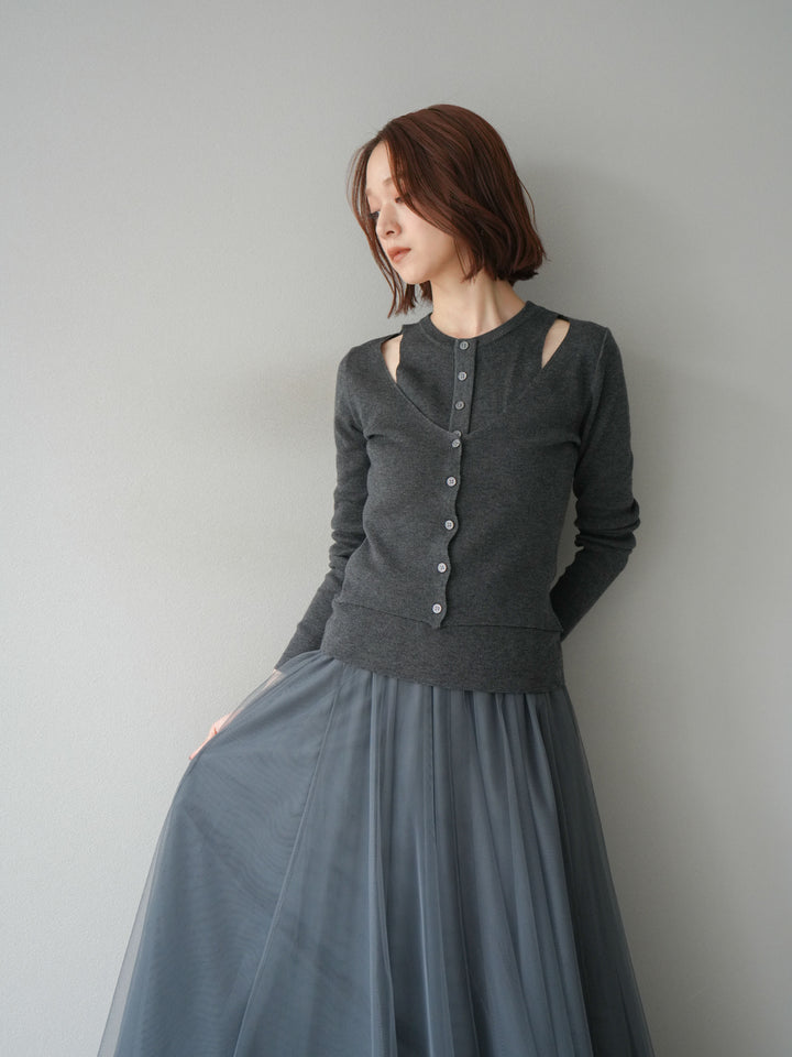 [予約]レイヤードデザインニットカーディガン/チャコール