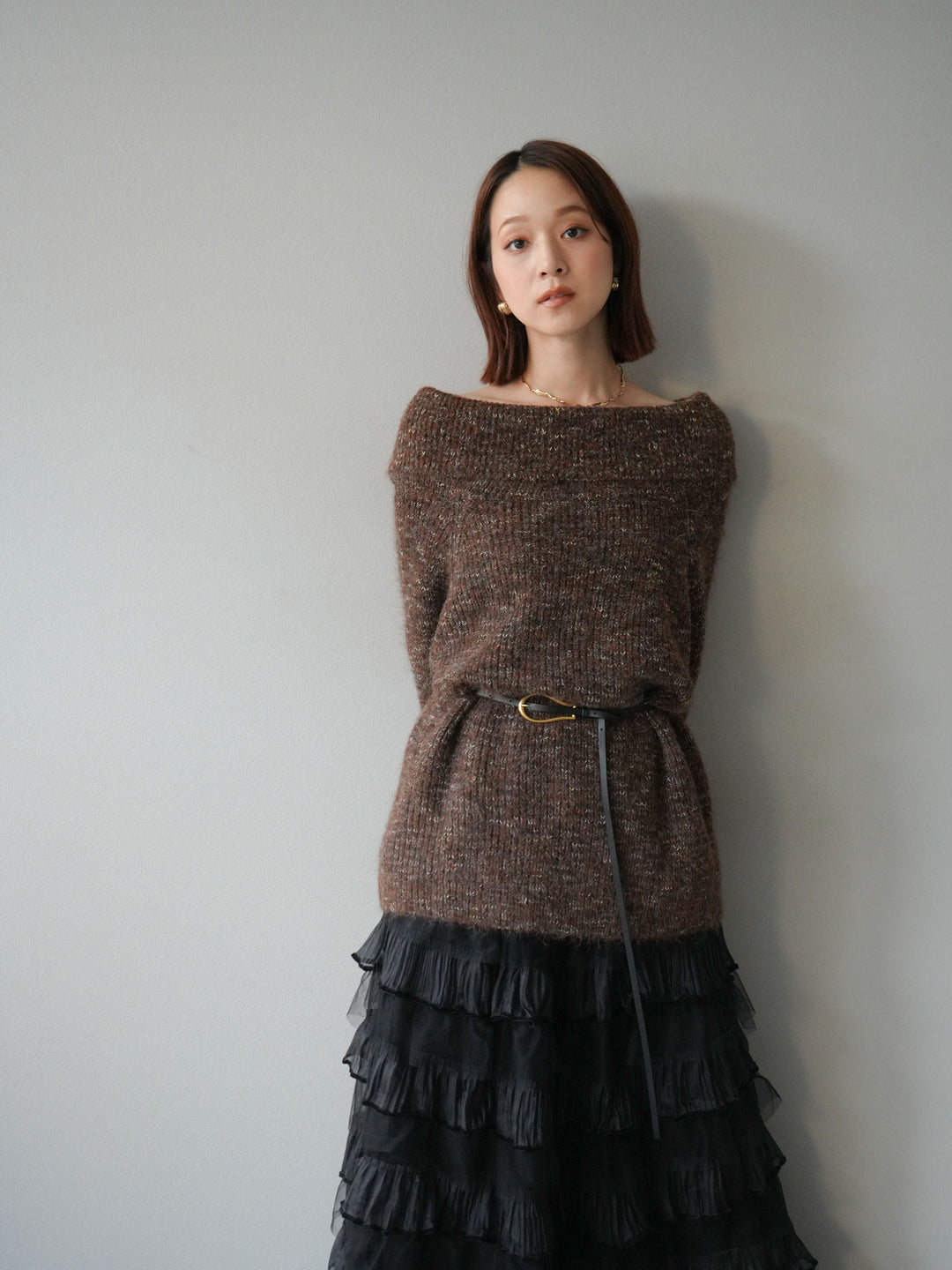 [予約]ミックスヤーンオフショルルーズニットプルオーバー/ブラウン