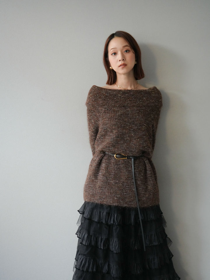 [予約]ミックスヤーンオフショルルーズニットプルオーバー/ブラウン