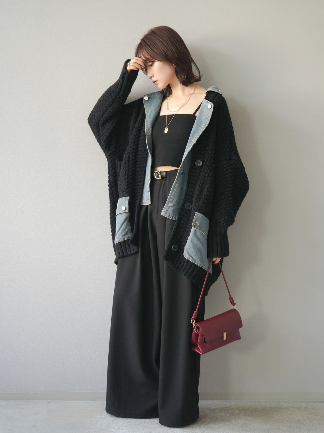 [SET]デニム襟レイヤードニットジャケット+ベルトループデザインワイドパンツ(2set)