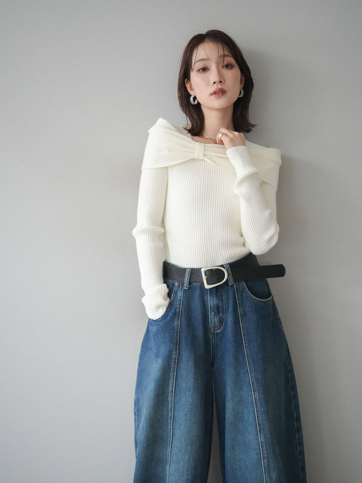 [予約]リボンモチーフオフショルリブニットトップス/white
