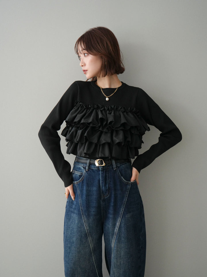 [予約]フリルビスチェドッキングスポンジニットプルオーバー/black