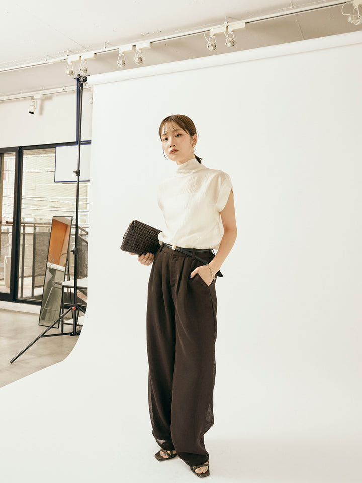 【Allure】[SET]シャイニーシアーブラウス+メッシュタックワイドパンツ(2set)