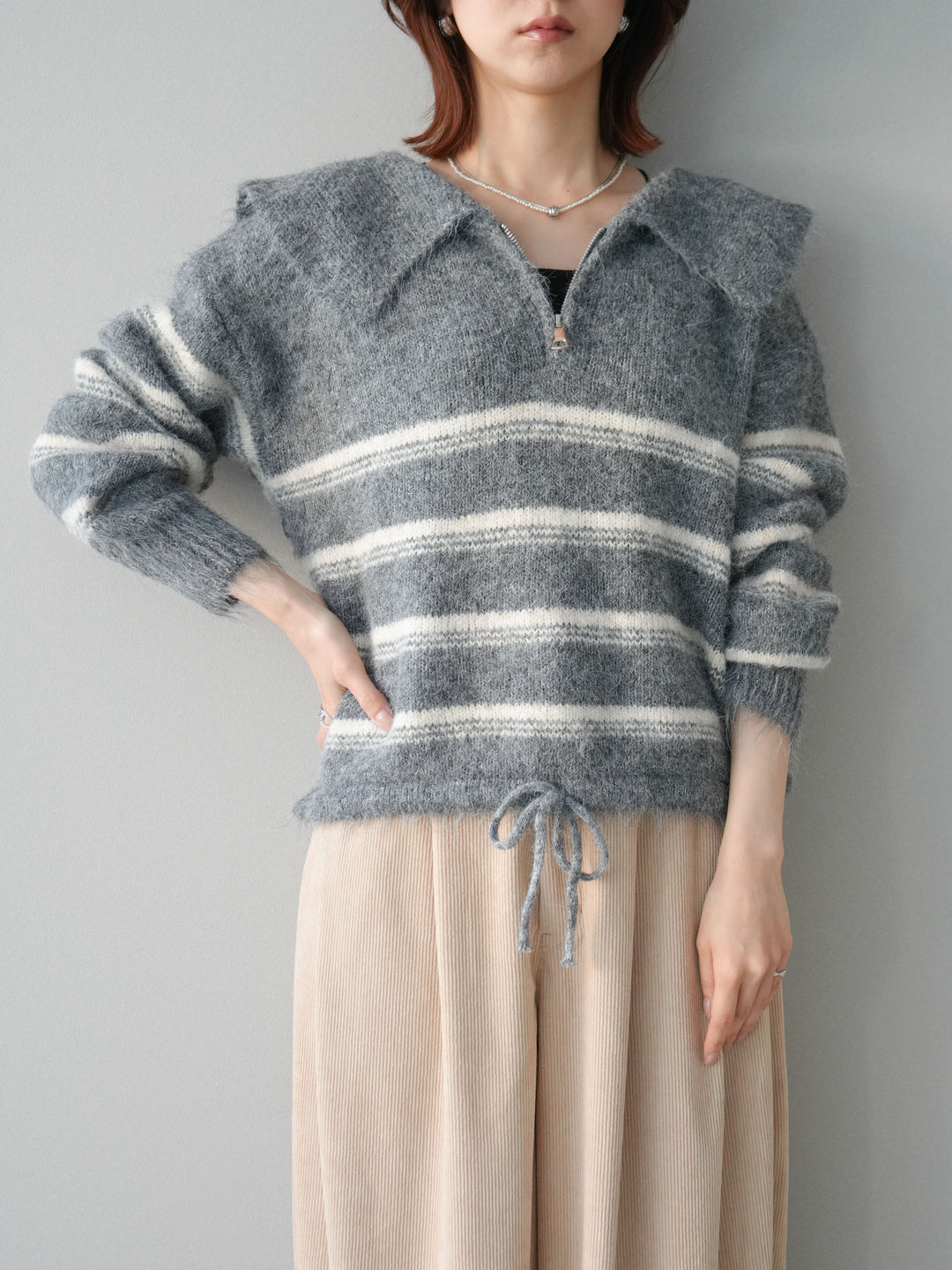 [SET]ハーフジップボーダーニットプルオーバー+コーデュロイサイドタックコクーンパンツ(2set)