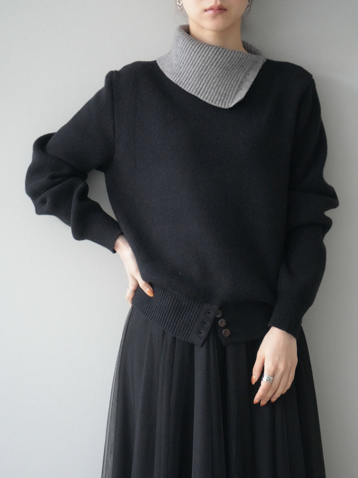 [予約]デザインネックバイカラーニットプルオーバー/black