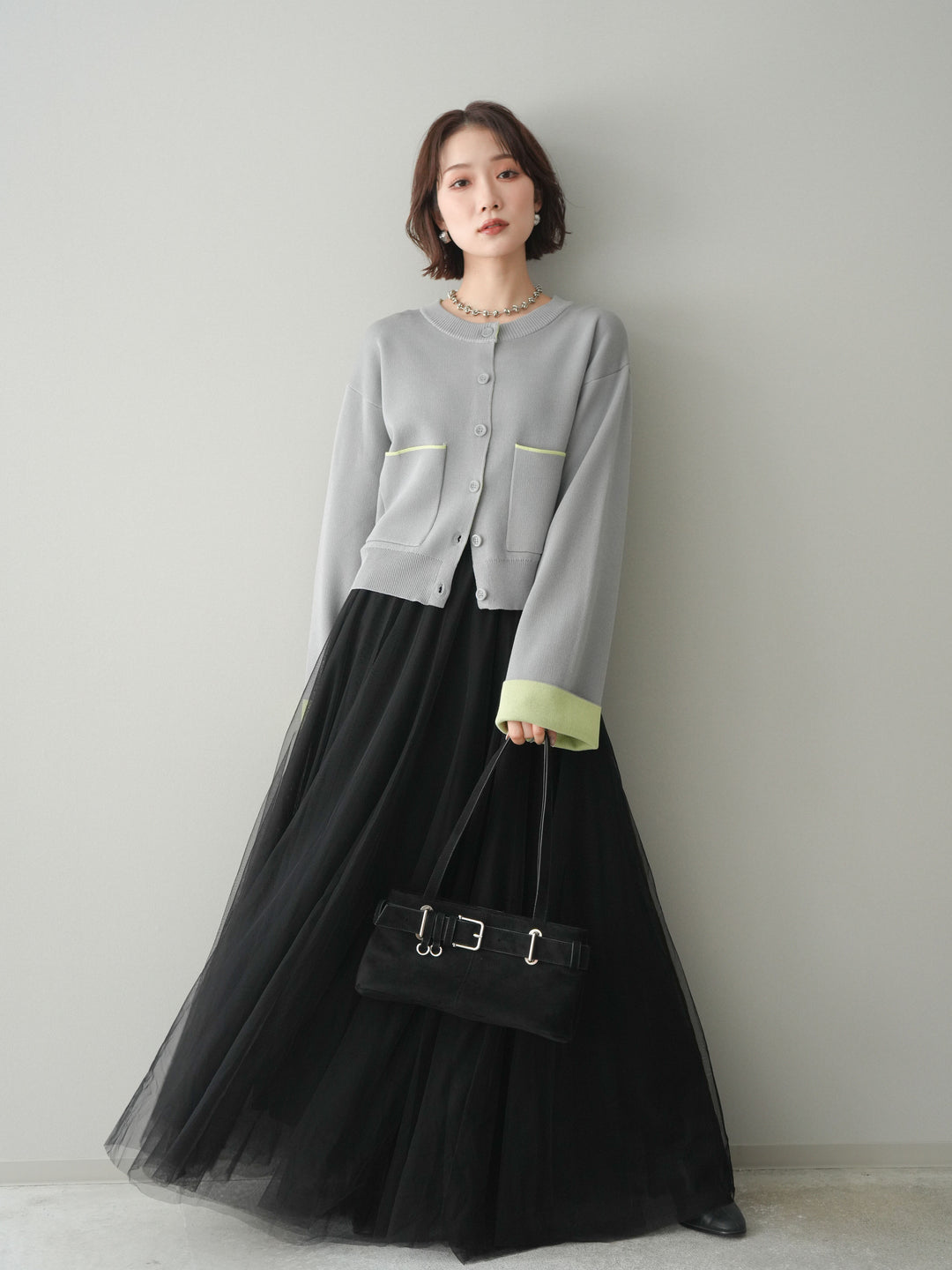 [SET]レーヨンポリダブルフェイスニットカーディガン+チュールボリュームスカート(2set)