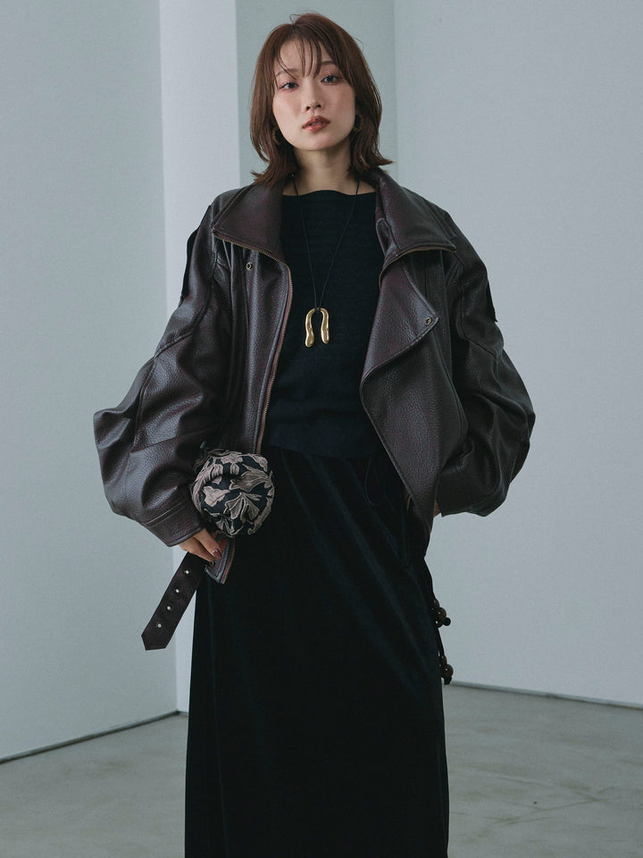 【Allure】[SET]スタンドカラーレザーブルゾン+ワンショルケーブル編みニット(2set)