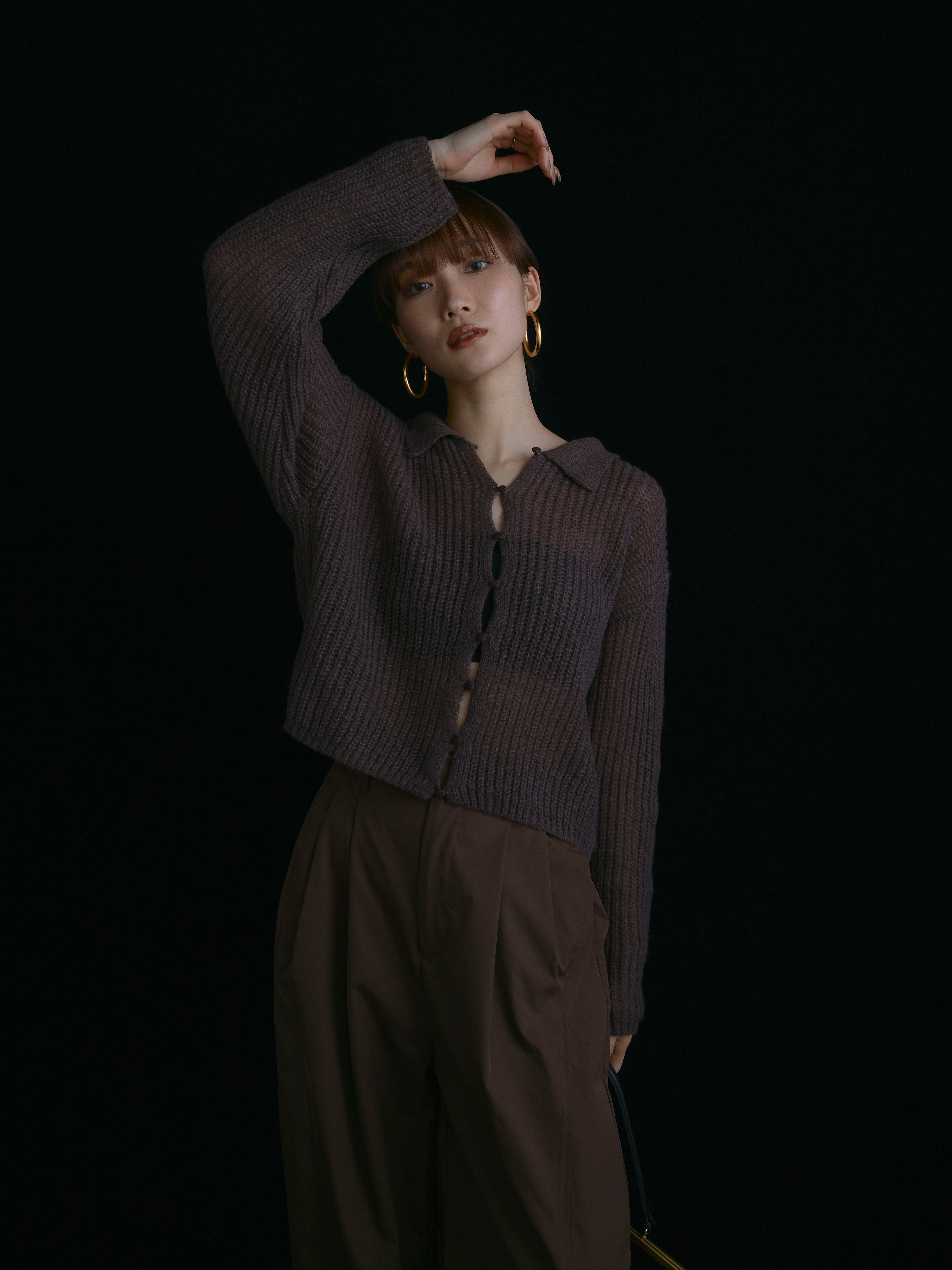 予約]起毛片畦編みシアーポロニット/ブラウン – Lumier