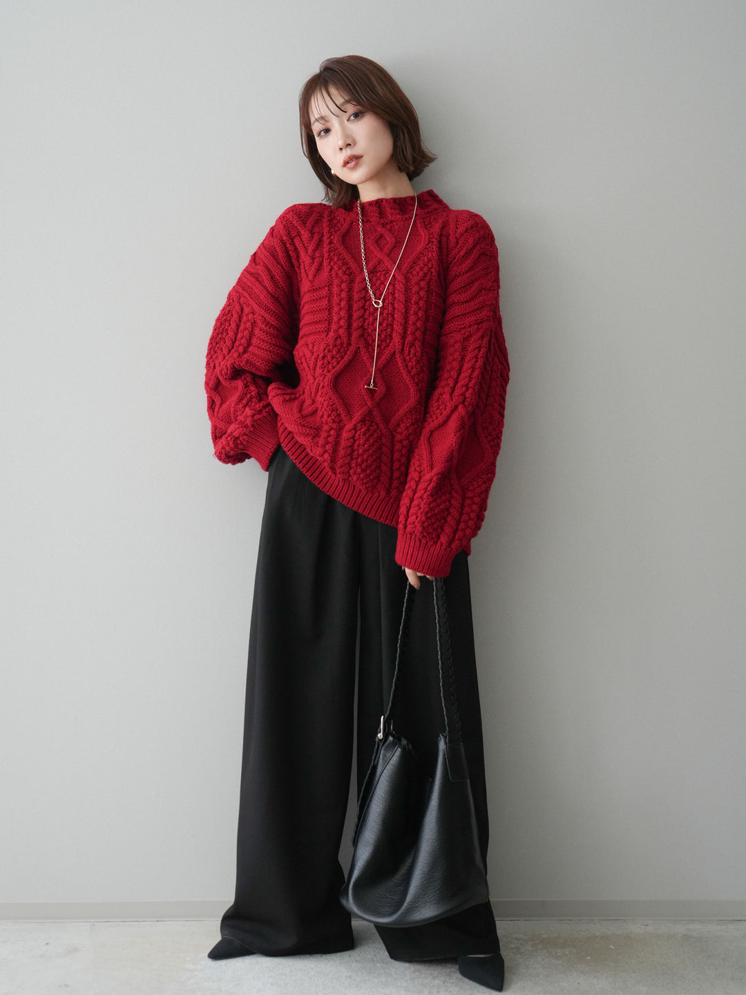 [SET]ケーブル編みモックネックニットプルオーバー+ベルトループデザインワイドパンツ(2set)