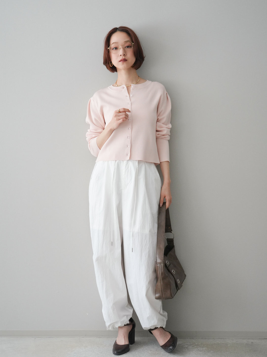 [SET]クリアボタンタックニットカーディガン+ドロストサイドラインナイロンパンツ(2set)