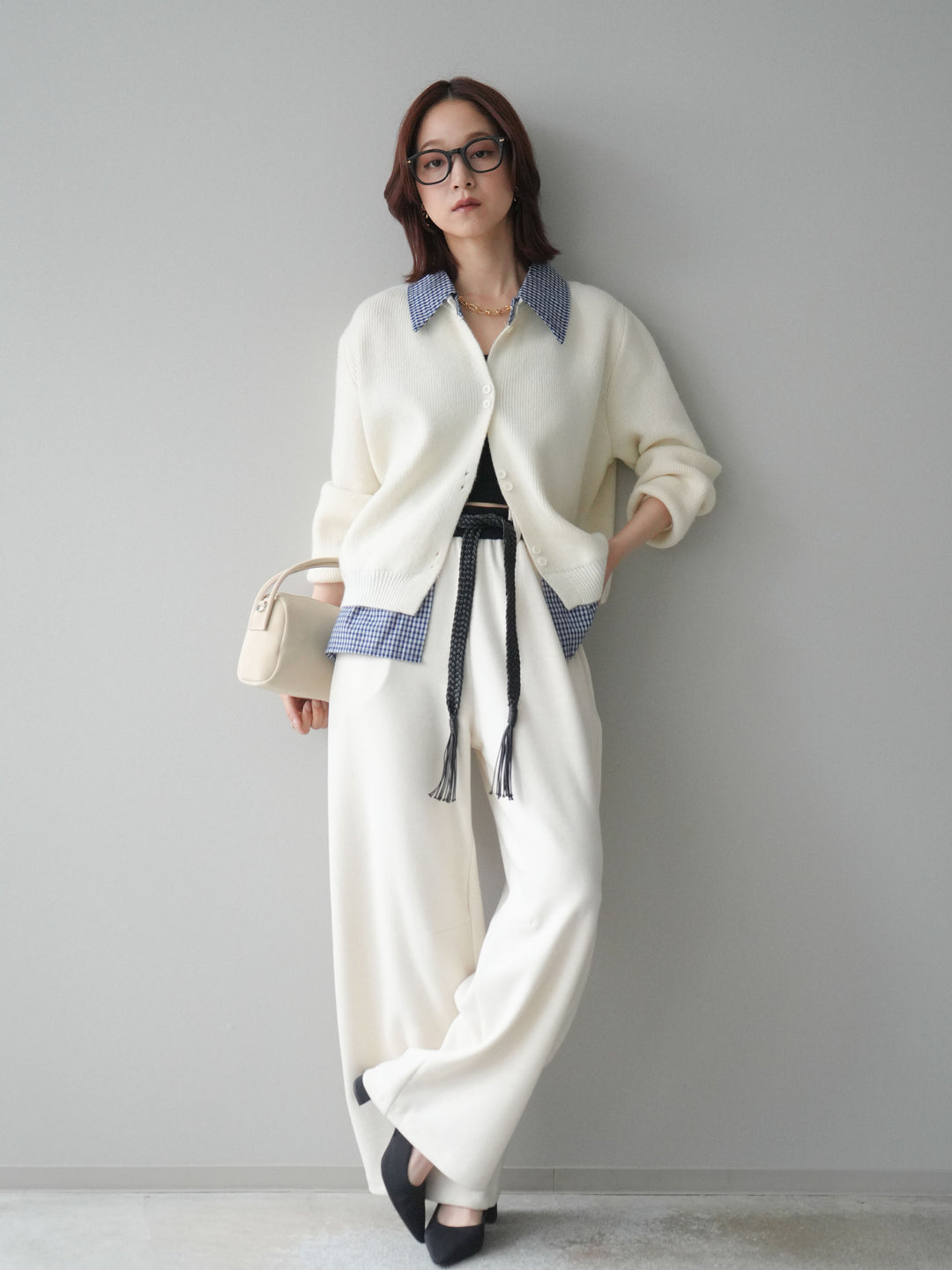 [SET]チェックシャツ襟ニットカーディガン+編み込みベルト付きウエスト配色スエットパンツ(2set)