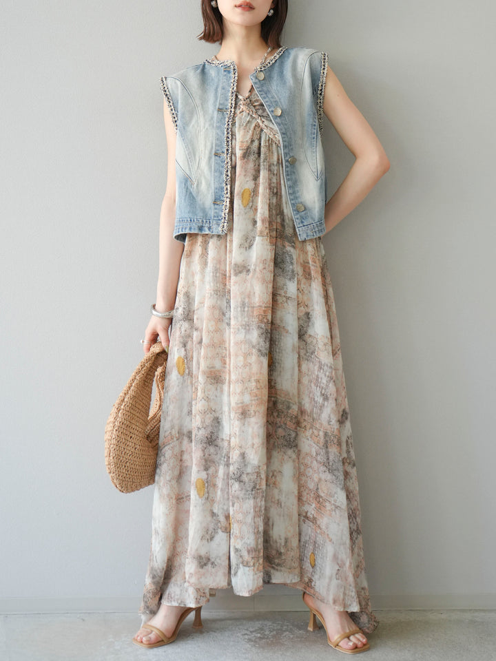 [予約]編み込みショルダーニュアンス柄シフォンワンピース/ベージュ