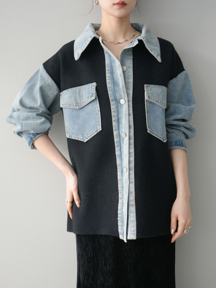 [予約]デニム襟ダブルフェイスニットカーディガン/black